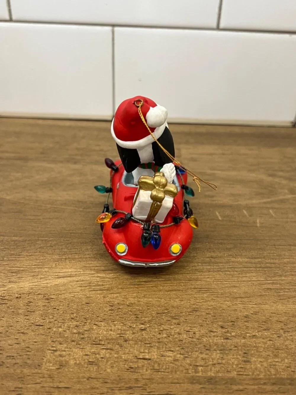 Snoopy Christmas Ornament Driving Red Car Santa Hat Holiday Decor Figurine